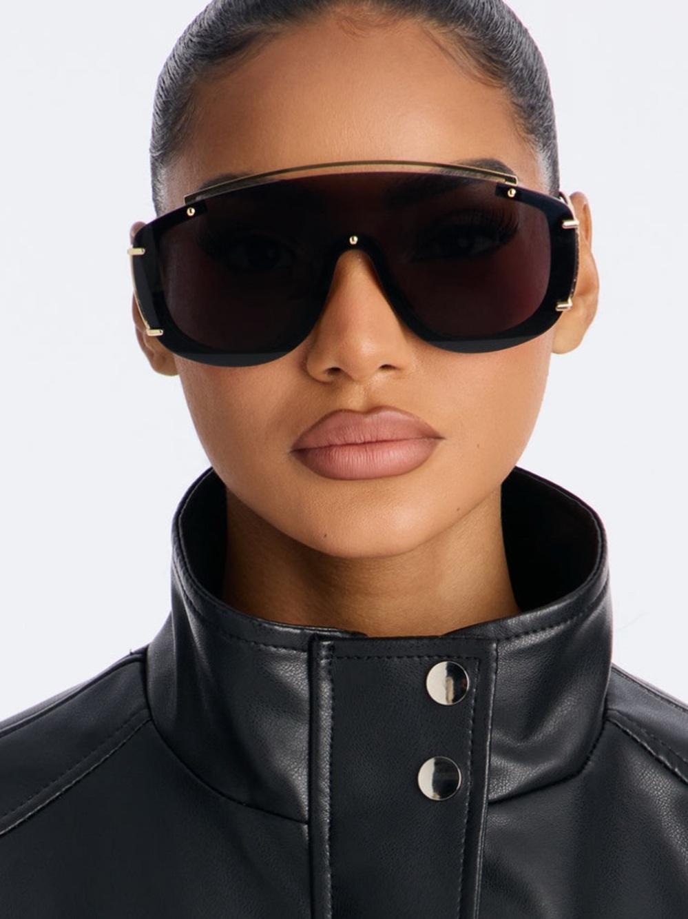 Black Oversized Shield Sunglasses with Gold Accents - Women